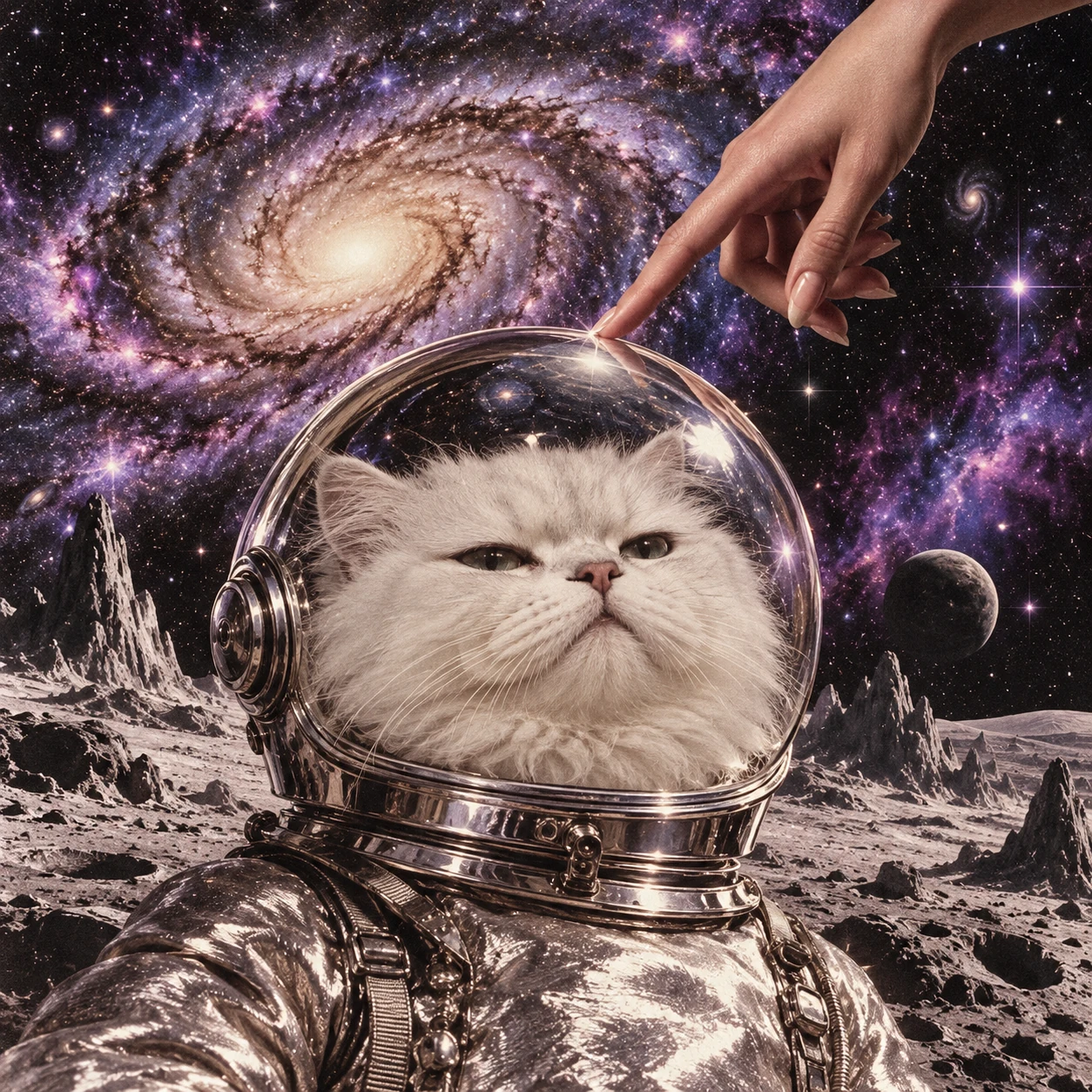 An unimpressed white cat in a chrome space helmet being booped by a cosmic hand