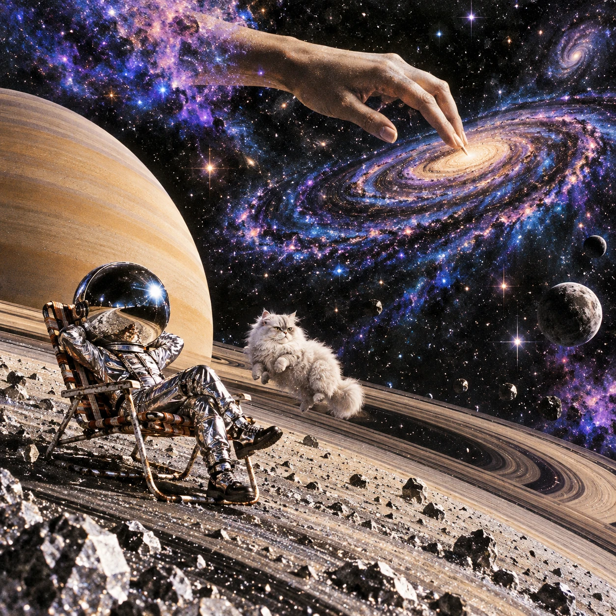 An astronaut and a white cat relaxing on Saturn's rings beneath a cosmic hand