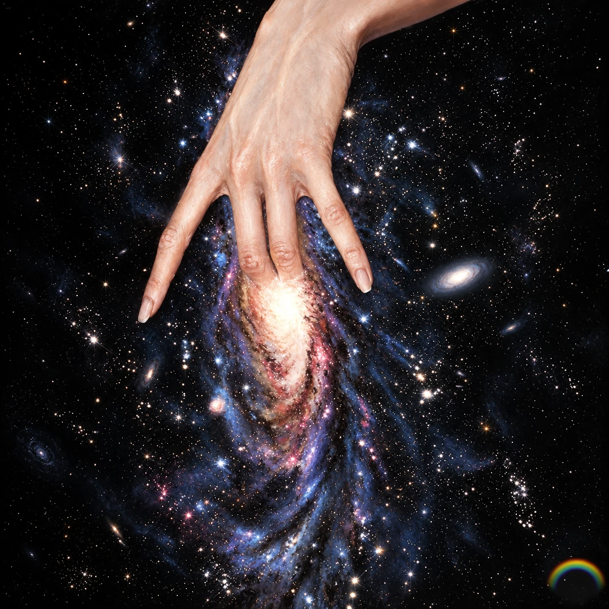 A giant hand touching the luminous heart of a spiral galaxy